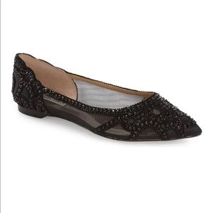 BADGLEY MISCHKA Gigi Crystal Pointed Toe Flat, Black, 7.5